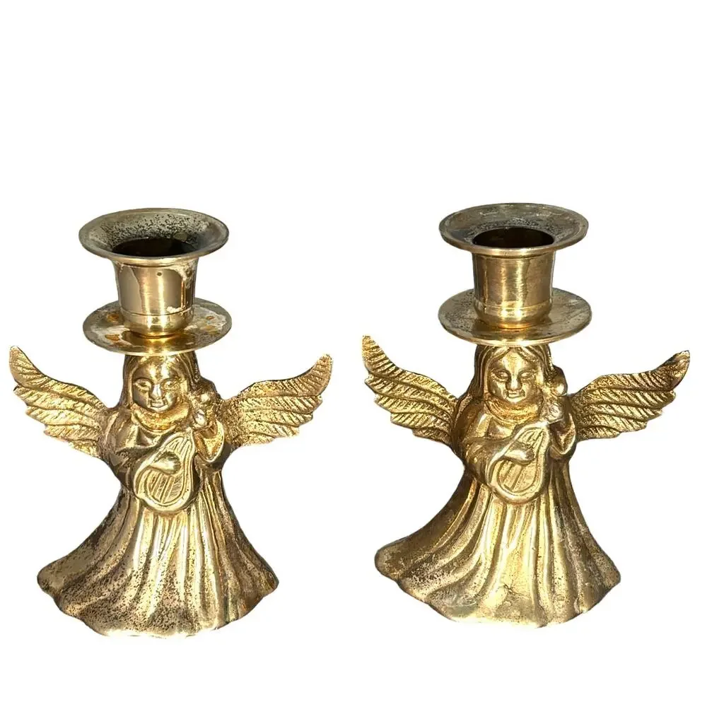 Pair of Vintage Brass Angel Candlestick Holders Candle Stick Christmas 4.25